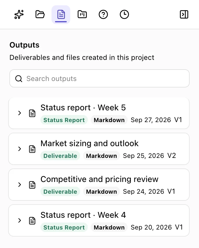 Outputs tab listing status reports and deliverables with their versions