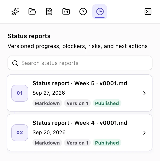 Status reports tab listing weekly published reports