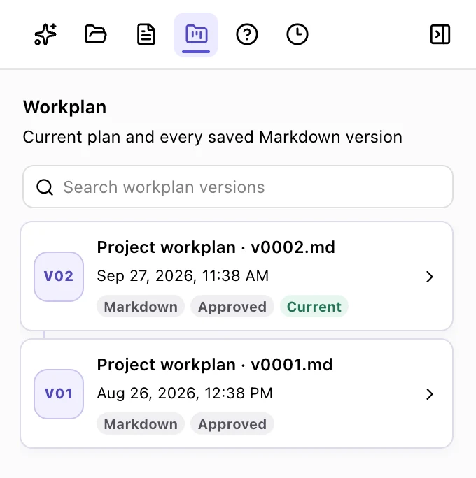 Workplan tab showing the current approved workplan and its earlier version