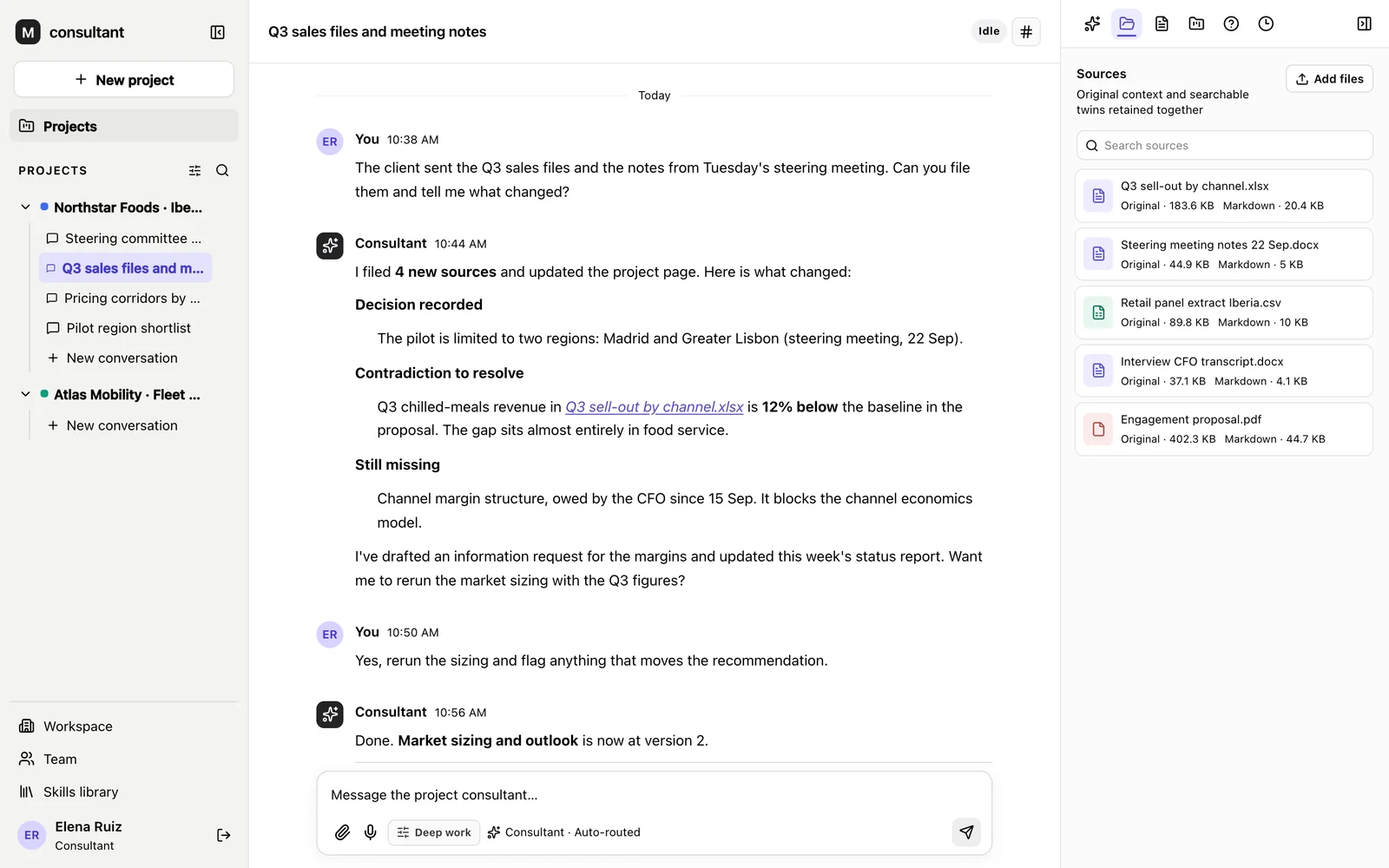 A project conversation in which the Consultant files new sources, records a decision and flags a contradiction, with the Sources tab open alongside
